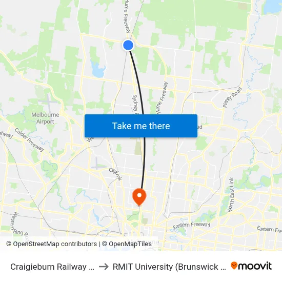 Craigieburn Railway Station to RMIT University (Brunswick Campus) map