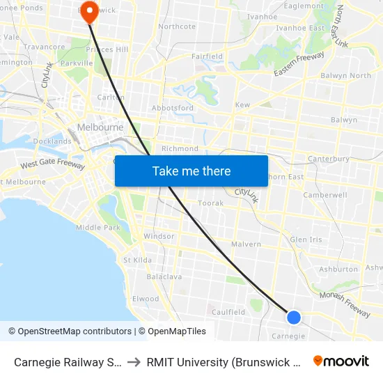 Carnegie Railway Station to RMIT University (Brunswick Campus) map