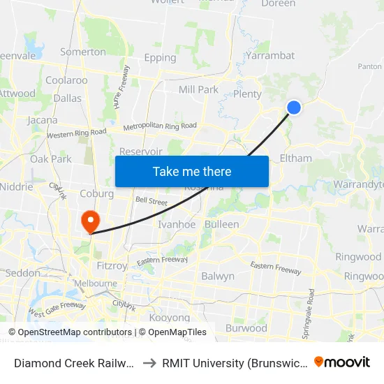 Diamond Creek Railway Station to RMIT University (Brunswick Campus) map