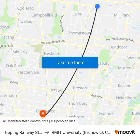 Epping Railway Station to RMIT University (Brunswick Campus) map