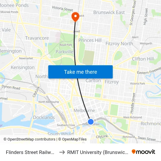 Flinders Street Railway Station to RMIT University (Brunswick Campus) map