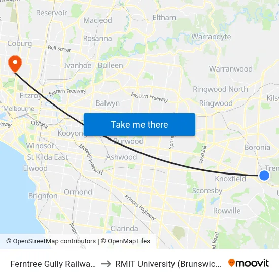Ferntree Gully Railway Station to RMIT University (Brunswick Campus) map