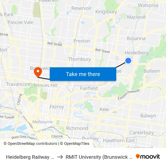 Heidelberg Railway Station to RMIT University (Brunswick Campus) map
