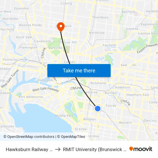 Hawksburn Railway Station to RMIT University (Brunswick Campus) map
