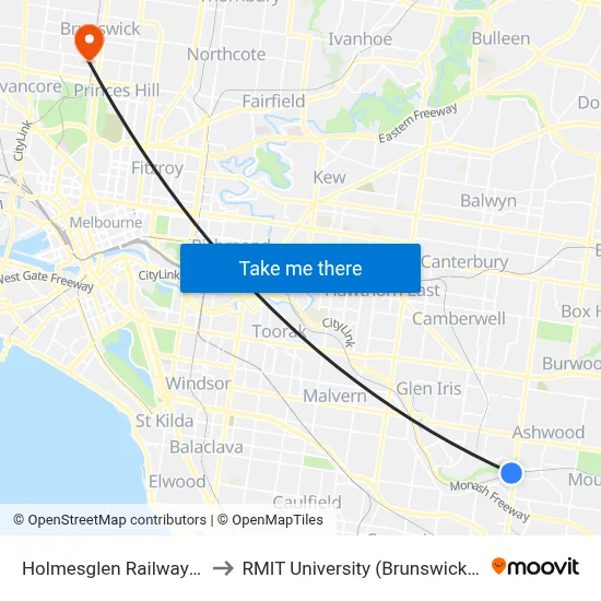 Holmesglen Railway Station to RMIT University (Brunswick Campus) map