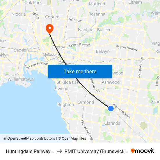 Huntingdale Railway Station to RMIT University (Brunswick Campus) map