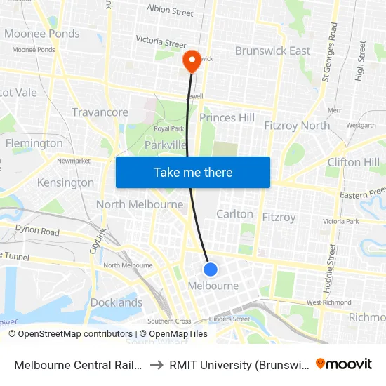 Melbourne Central Railway Station to RMIT University (Brunswick Campus) map