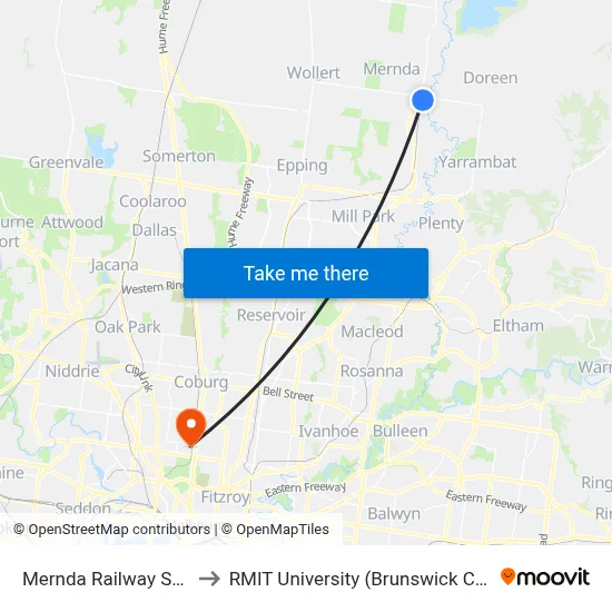 Mernda Railway Station to RMIT University (Brunswick Campus) map