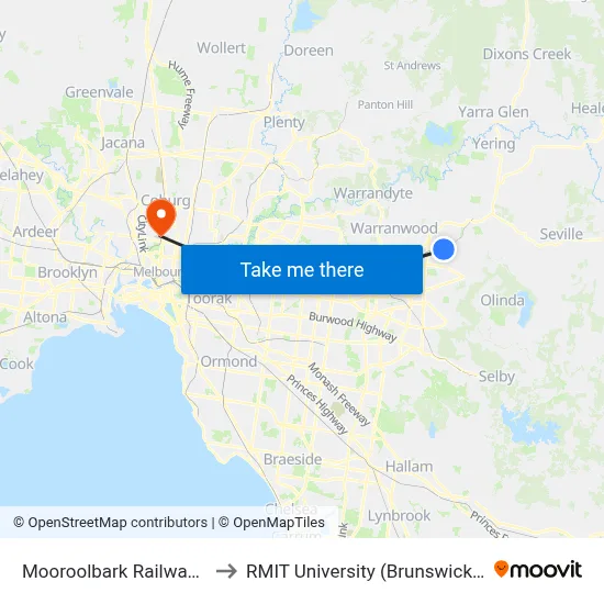 Mooroolbark Railway Station to RMIT University (Brunswick Campus) map
