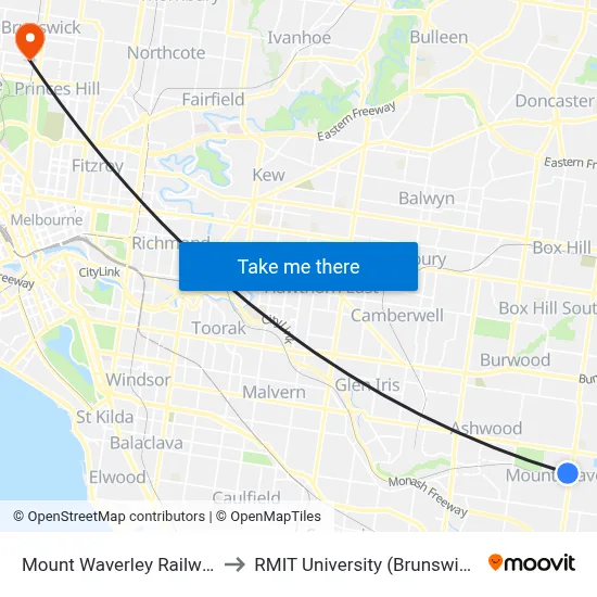 Mount Waverley Railway Station to RMIT University (Brunswick Campus) map