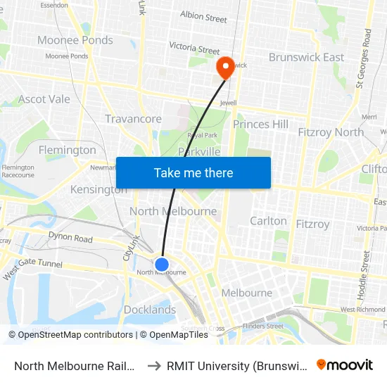 North Melbourne Railway Station to RMIT University (Brunswick Campus) map