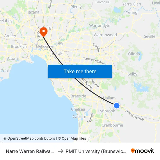 Narre Warren Railway Station to RMIT University (Brunswick Campus) map