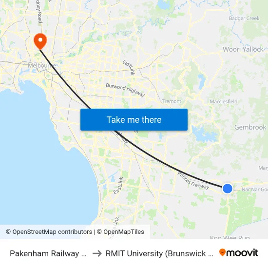 Pakenham Railway Station to RMIT University (Brunswick Campus) map
