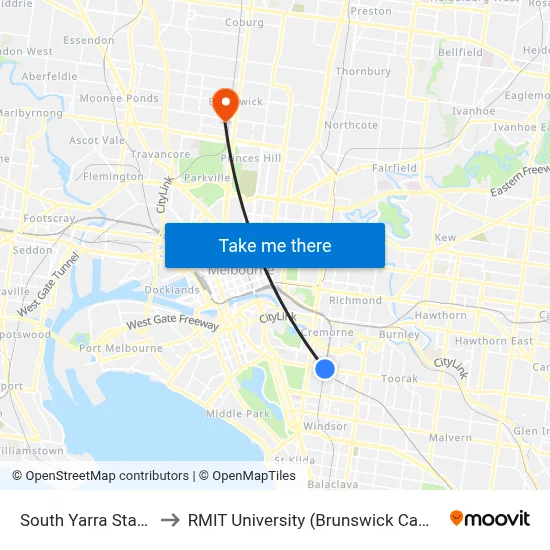 South Yarra Station to RMIT University (Brunswick Campus) map