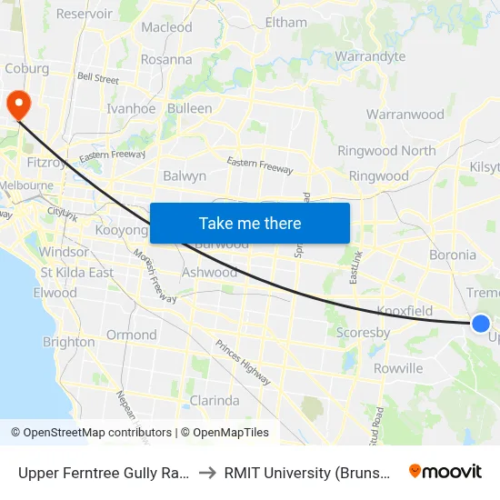 Upper Ferntree Gully Railway Station to RMIT University (Brunswick Campus) map