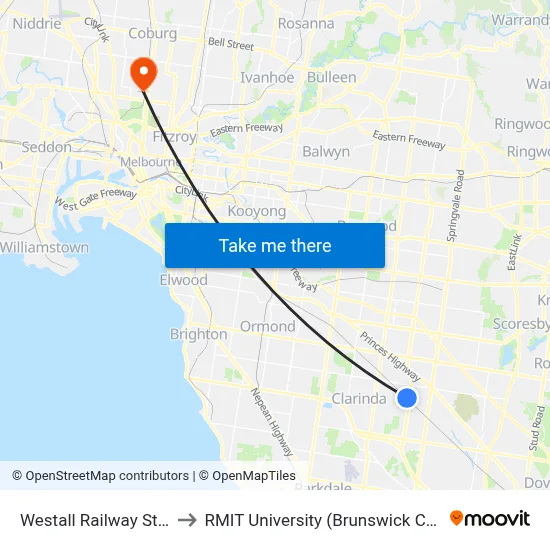 Westall Railway Station to RMIT University (Brunswick Campus) map