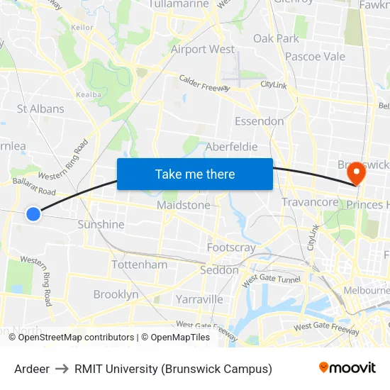 Ardeer to RMIT University (Brunswick Campus) map