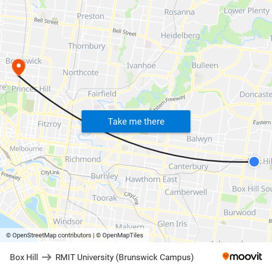 Box Hill to RMIT University (Brunswick Campus) map