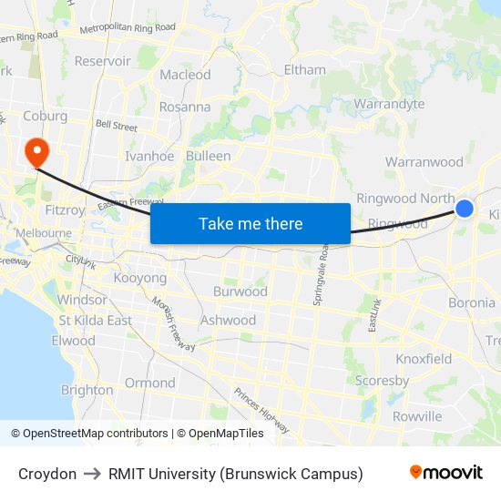 Croydon to RMIT University (Brunswick Campus) map