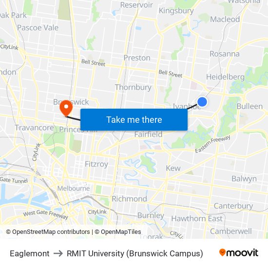 Eaglemont to RMIT University (Brunswick Campus) map