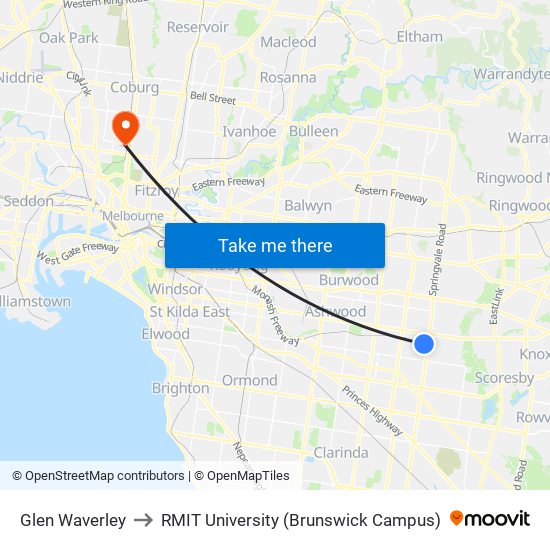 Glen Waverley to RMIT University (Brunswick Campus) map