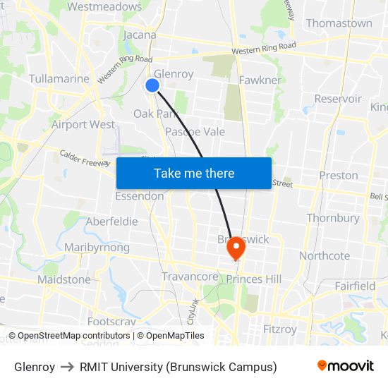 Glenroy to RMIT University (Brunswick Campus) map