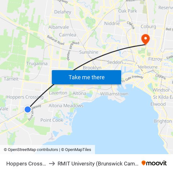 Hoppers Crossing to RMIT University (Brunswick Campus) map