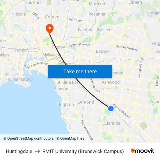 Huntingdale to RMIT University (Brunswick Campus) map