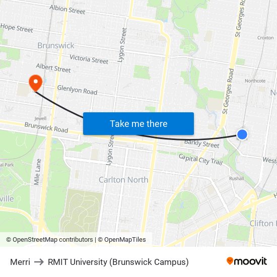 Merri to RMIT University (Brunswick Campus) map