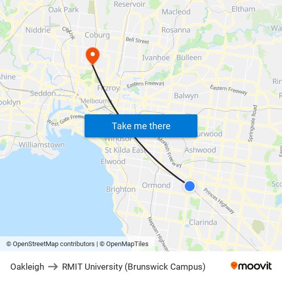 Oakleigh to RMIT University (Brunswick Campus) map