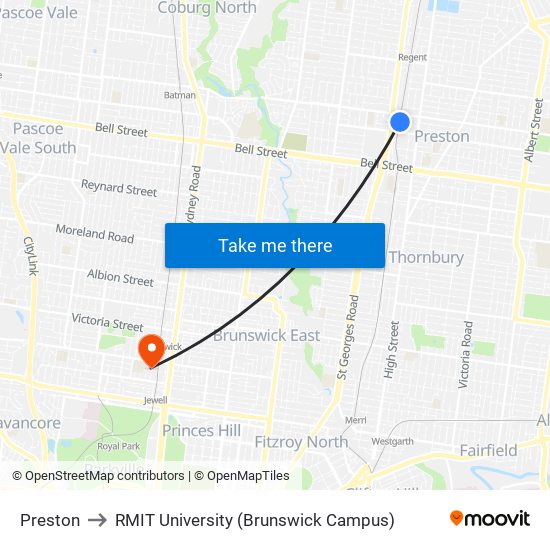 Preston to RMIT University (Brunswick Campus) map