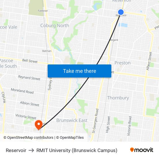 Reservoir to RMIT University (Brunswick Campus) map