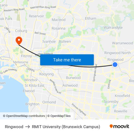 Ringwood to RMIT University (Brunswick Campus) map