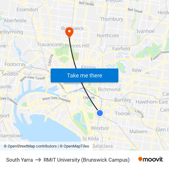 South Yarra to RMIT University (Brunswick Campus) map