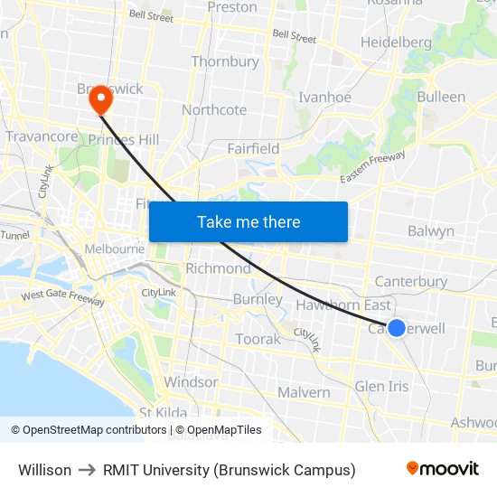 Willison to RMIT University (Brunswick Campus) map