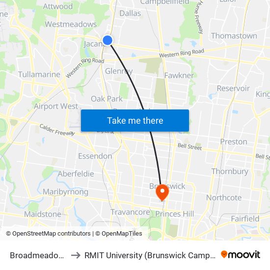 Broadmeadows to RMIT University (Brunswick Campus) map