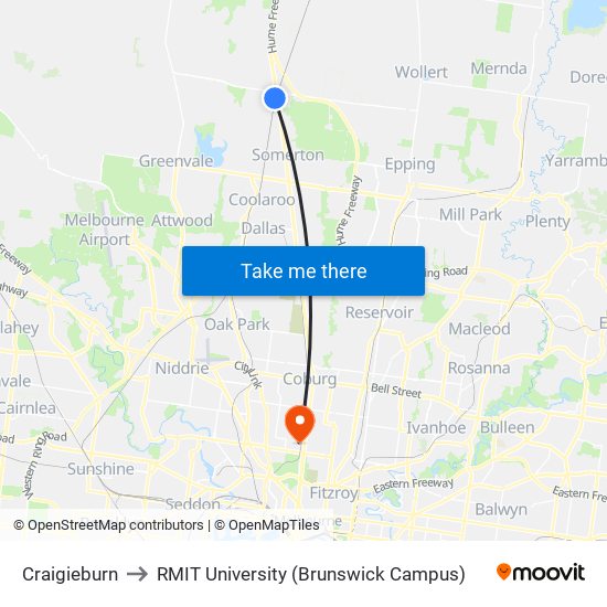 Craigieburn to RMIT University (Brunswick Campus) map