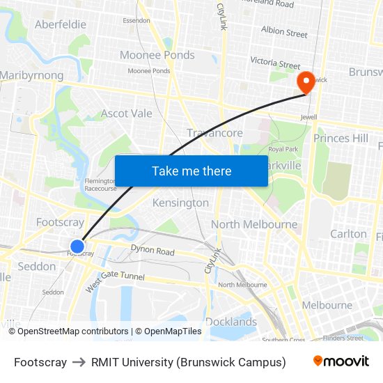 Footscray to RMIT University (Brunswick Campus) map