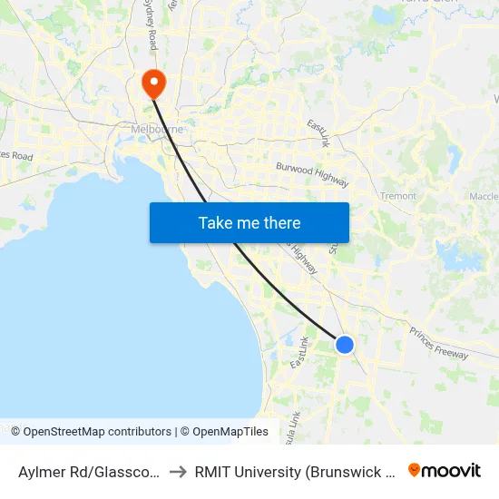 Aylmer Rd/Glasscocks Rd to RMIT University (Brunswick Campus) map