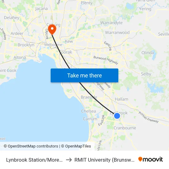 Lynbrook Station/Moreton Bay Bvd to RMIT University (Brunswick Campus) map