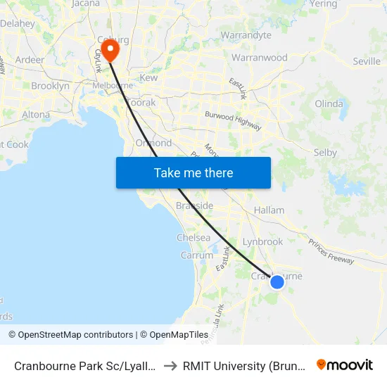 Cranbourne Park Sc/Lyall St to RMIT University (Brunswick Campus) map