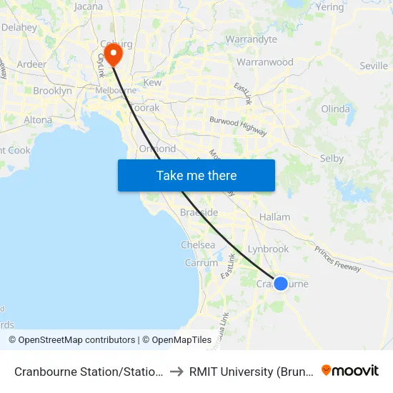 Cranbourne Station/Station St to RMIT University (Brunswick Campus) map