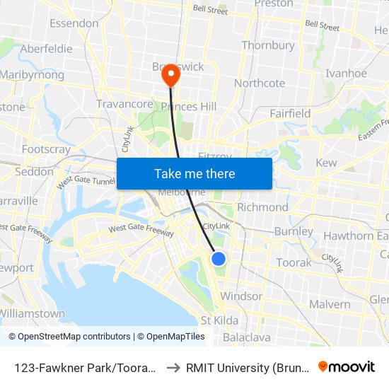 123-Fawkner Park/Toorak Rd (South Yarra) to RMIT University (Brunswick Campus) map