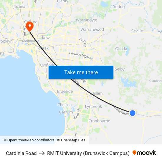 Cardinia Road to RMIT University (Brunswick Campus) map