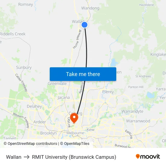 Wallan to RMIT University (Brunswick Campus) map