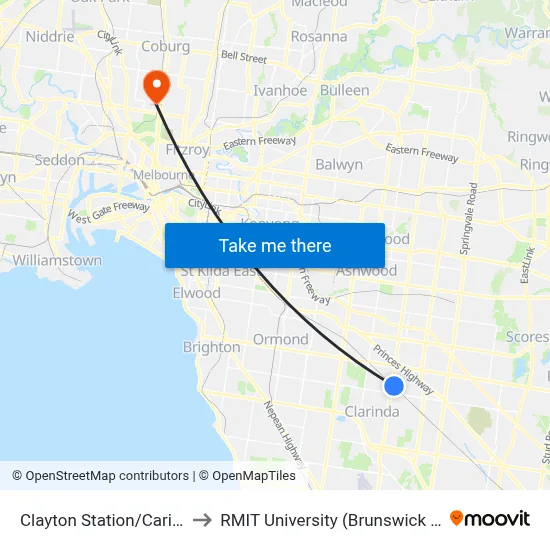 Clayton Station/Carinish Rd to RMIT University (Brunswick Campus) map