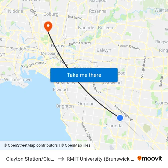 Clayton Station/Clayton Rd to RMIT University (Brunswick Campus) map