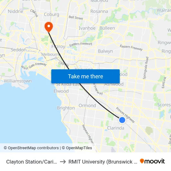 Clayton Station/Carinish Rd to RMIT University (Brunswick Campus) map