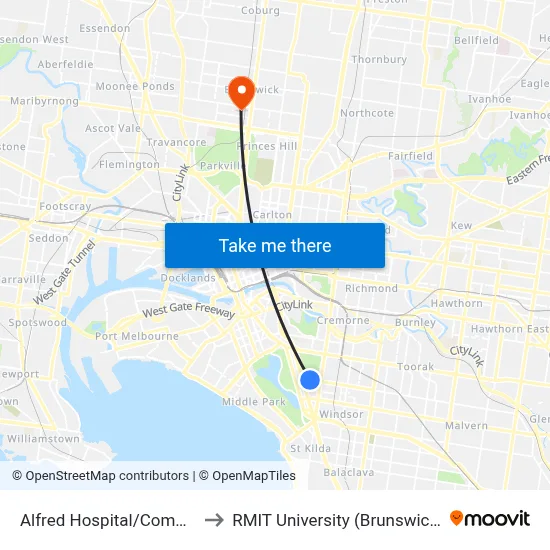 Alfred Hospital/Commercial Rd to RMIT University (Brunswick Campus) map