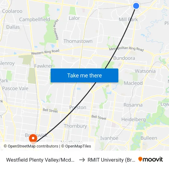Westfield Plenty Valley/Mcdonalds Rd to RMIT University (Brunswick Campus) map